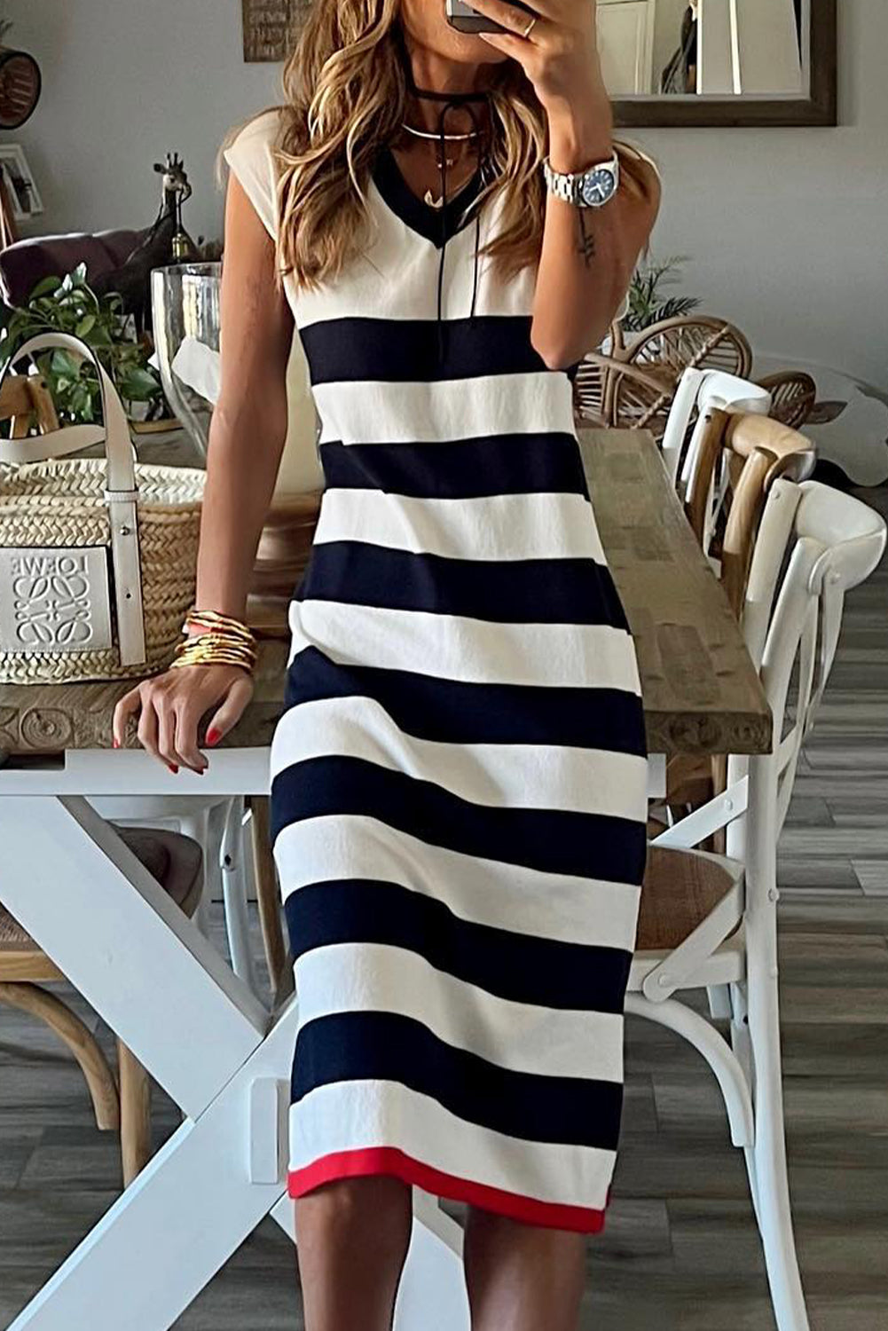 Stripe V Neck Cap Sleeve Midi Dress - Posh Discount