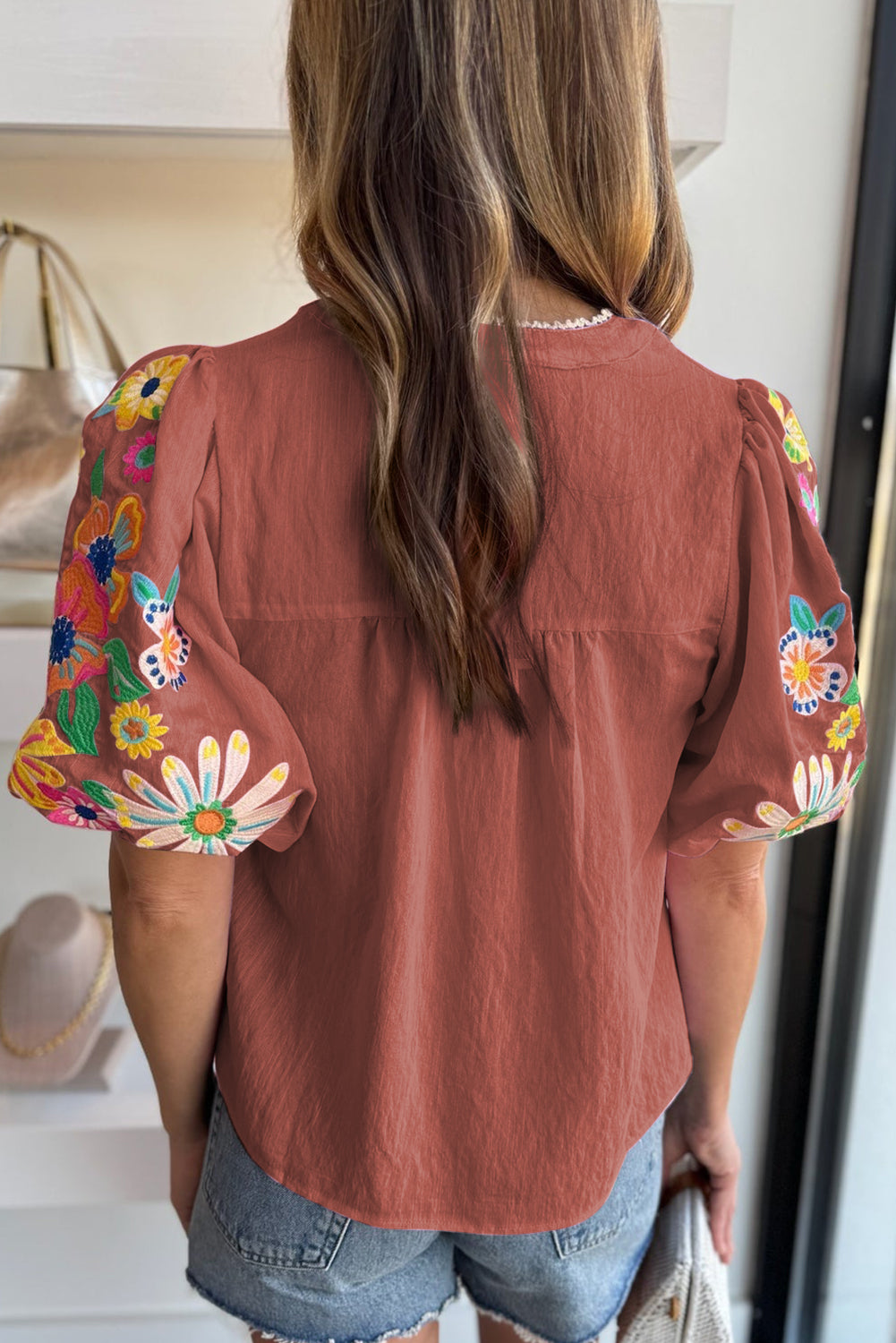 Pink Floral Embroidered Puff Sleeve Split Neck Blouse