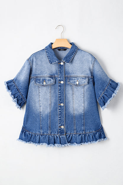 Black Raw Edge Ruffled Short Sleeve Denim Jacket