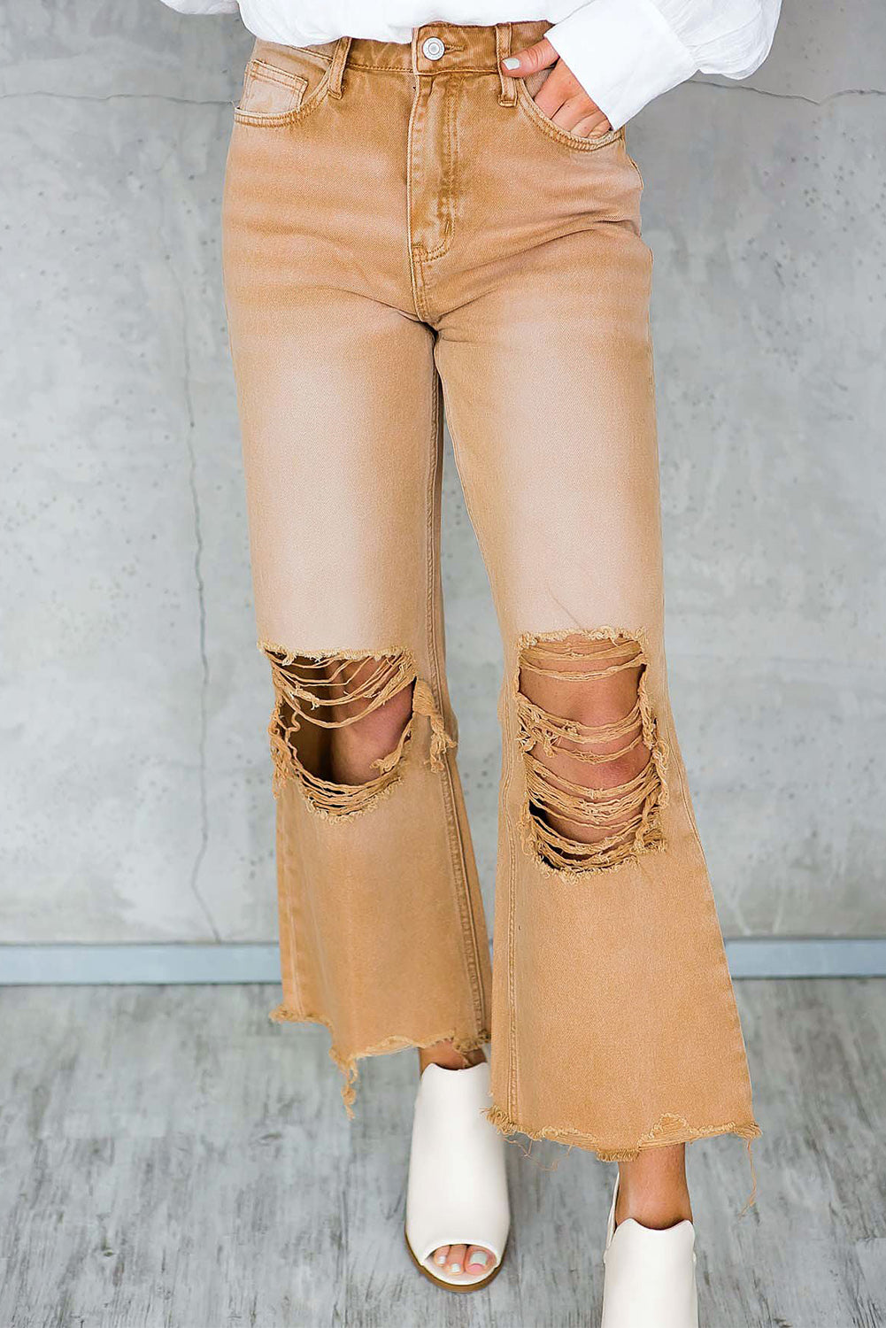 Brown Distressed Hollow-out High Waist Cropped Flare Jeans