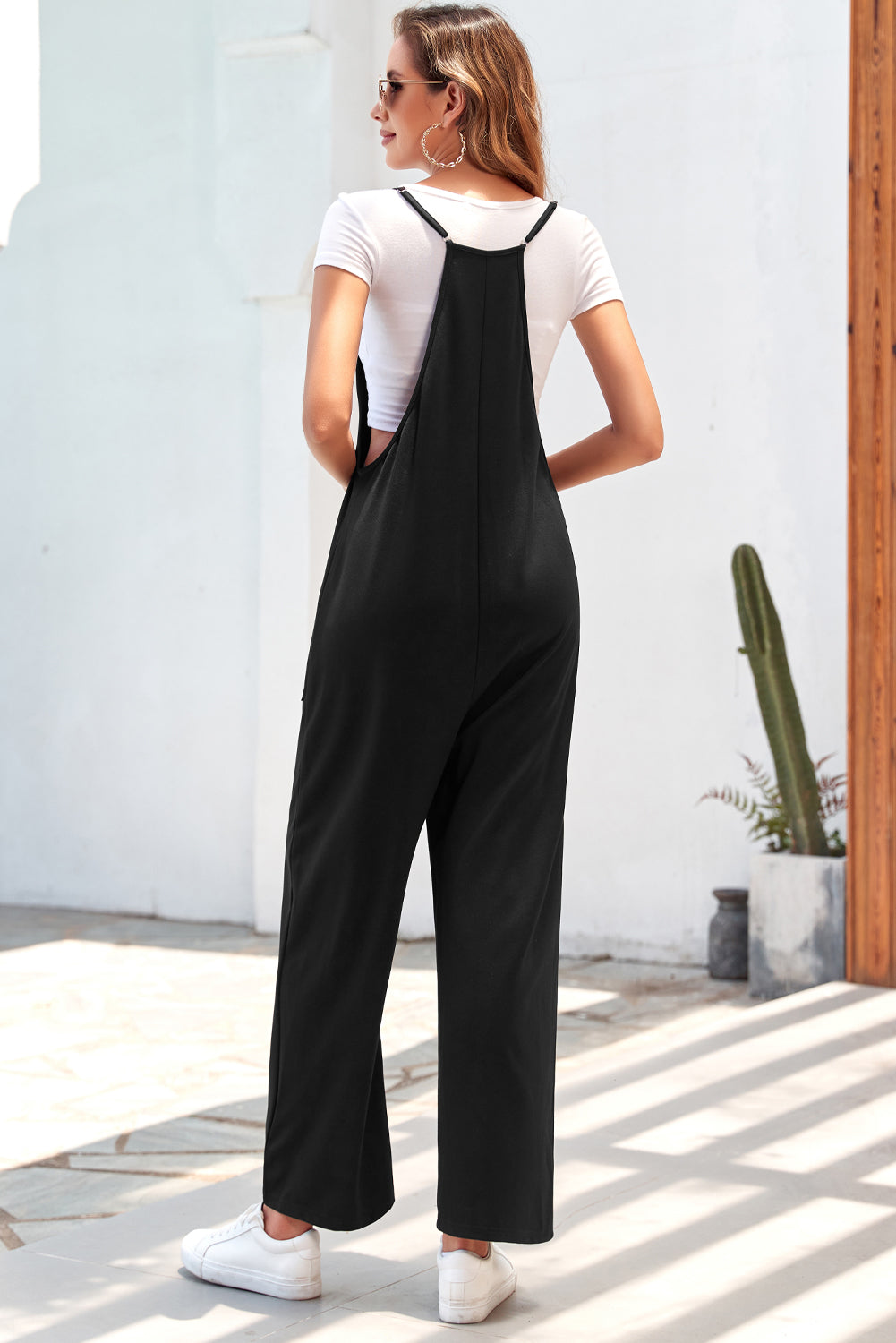 Green Pocketed Adjustable Spaghetti Strap Straight Leg Jumpsuit