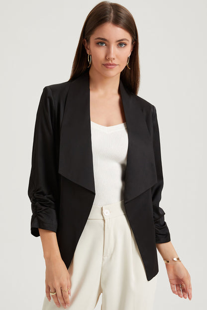 Blazer en satin noir uni à col à revers