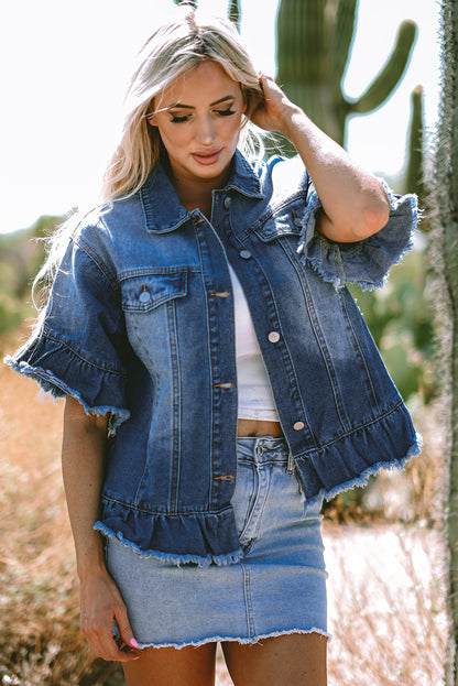 Black Raw Edge Ruffled Short Sleeve Denim Jacket