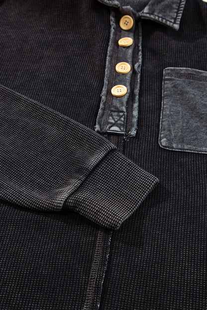 Black Waffle Exposed Seam Pocket Henley Sweatshirt