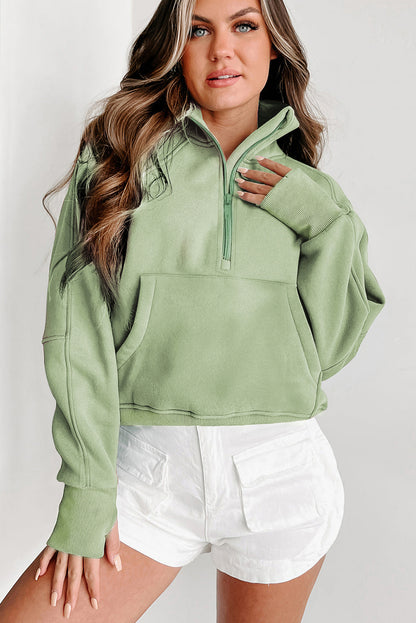 Phalaenopsis Fleece Lined Zip Up Stand Collar Thumbhole Sleeve Sweatshirt