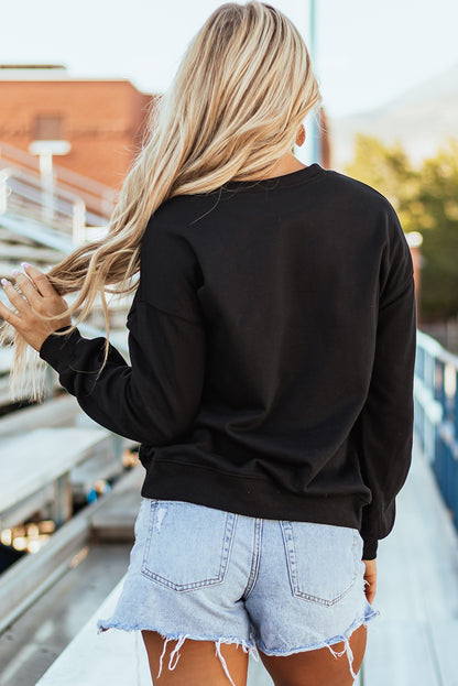 Black Sequined Game Day Graphic Crew Neck  Sweatshirt