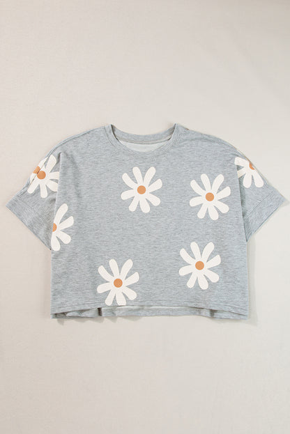 Camiseta casual estampada com flor margarida cinza