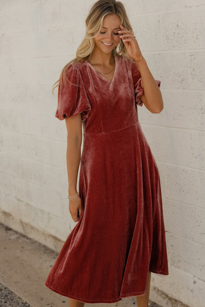 Gold Flame Velvet Puff Sleeve Dress