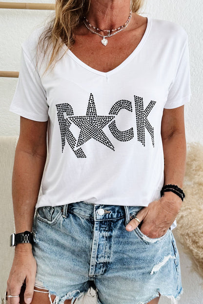 Camiseta ROCK Star com decote em V com strass branco