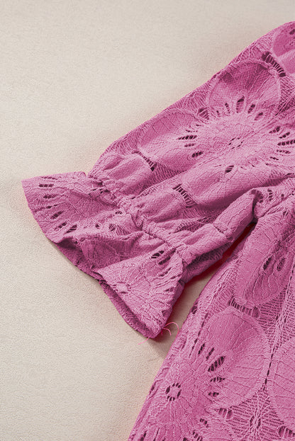 Top de manga com babado em jacquard com ilhó de flor rosa brilhante