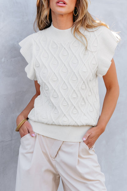 White Textured Ruffled Mock Neck Knitted Vest