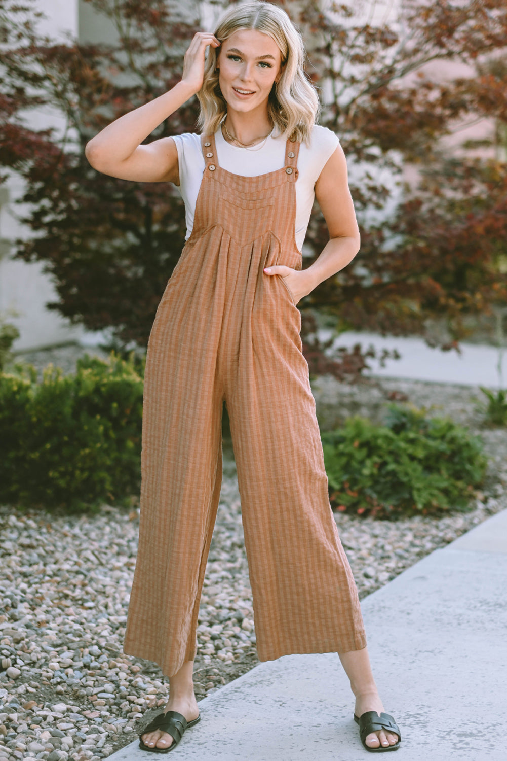 Brown Striped Pleated Wide Leg Pocketed Jumpsuit