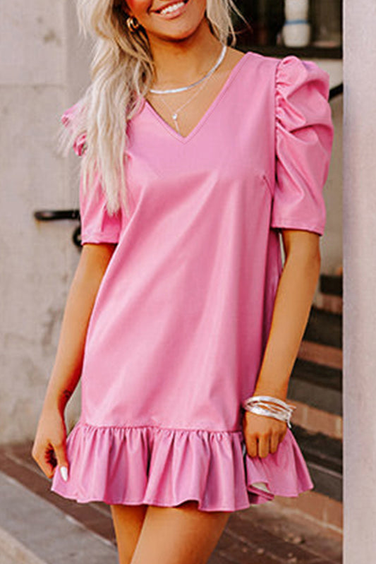 Sachet Pink Pleather Bubble Short Sleeve V Neck Ruffled Hem Mini Dress