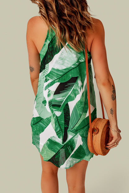 Palm Tree Leaf Print Ivory Sleeveless Dress