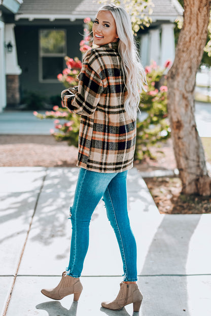 Pink Geometric Plaid Print Pocketed Shacket