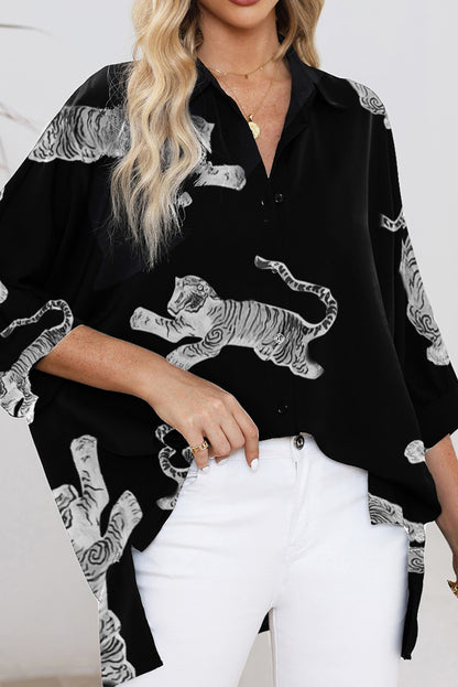 Chemise oversize noire à manches 3/4 et imprimé tigre