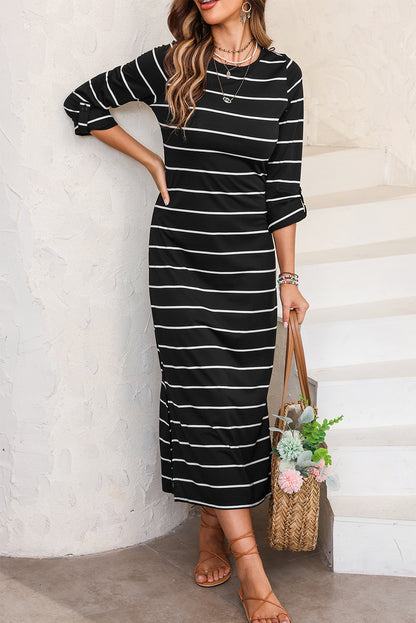 Apricot Striped Casual Slit Long Dress