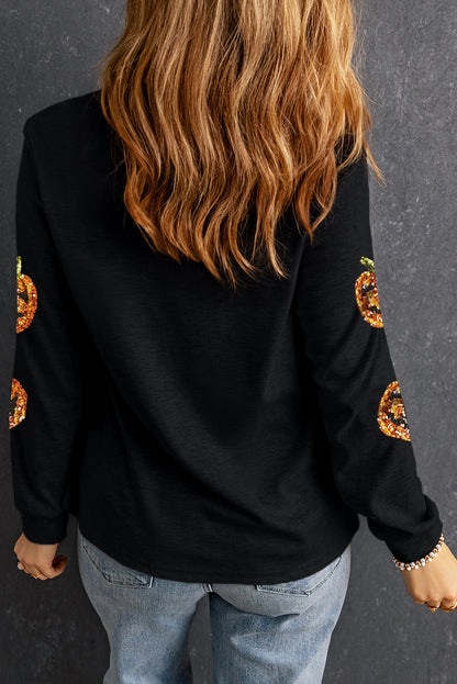 Black Halloween Sequin Pumpkin Face Pullover Long Sleeve Top