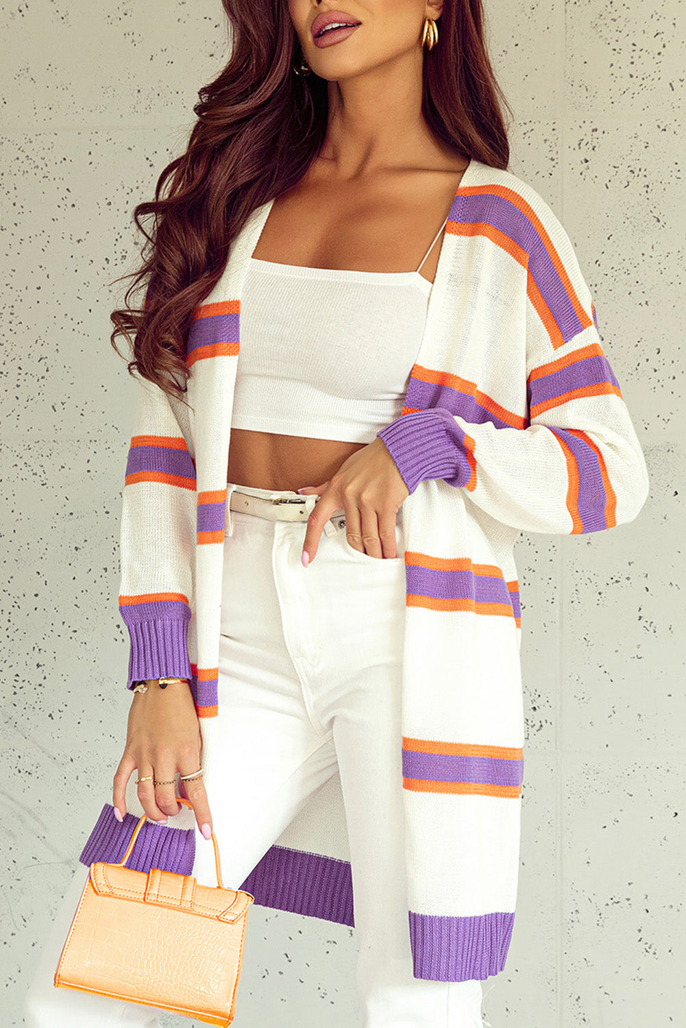 Multicolor Striped Long Sleeve Ribbed Trim Button Cardigan