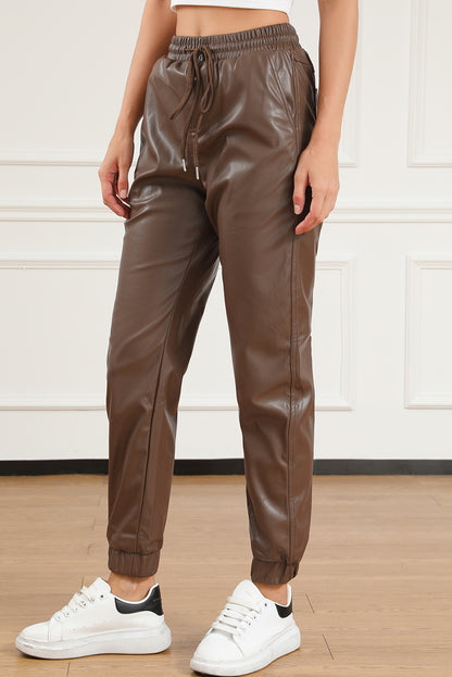 Pantalon de jogging en cuir marron avec lien à la taille