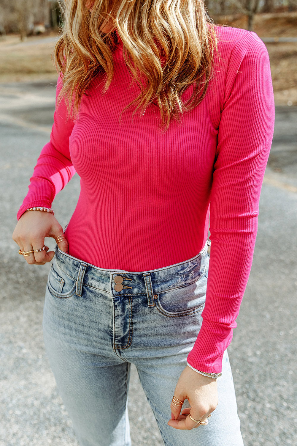 Rose Ribbed Knit High Neck Long Sleeve Top