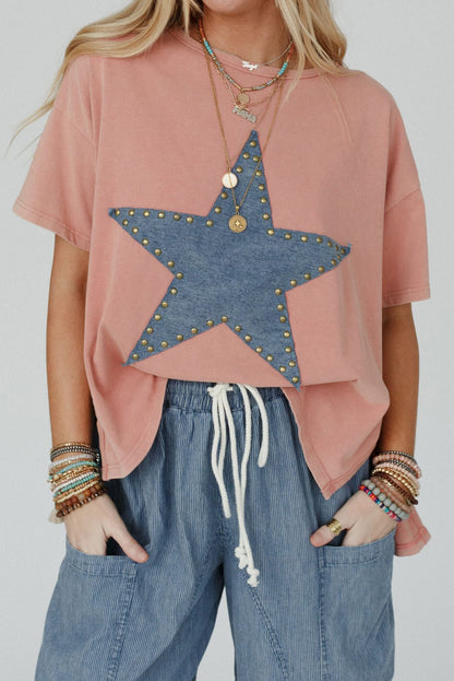 Apricot Pink Mineral Wash Studded Star Patch Graphic High Low Tee