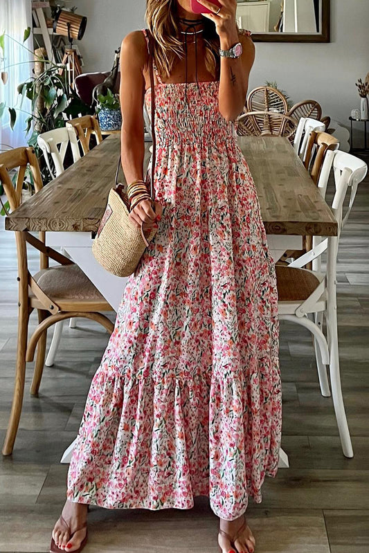 White Boho Floral Smocked Ruffled Maxi Dress - Posh Discount