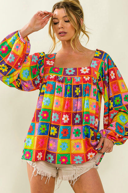 Multicolor Floral Crochet Square Neck Puff Sleeve Blouse