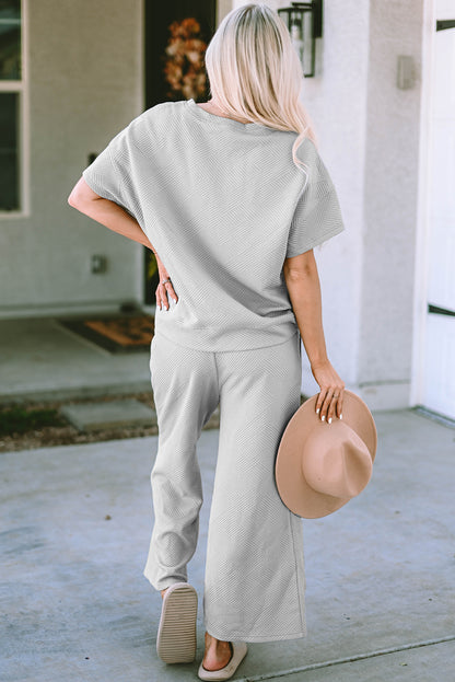 White Textured Loose Fit T Shirt and Drawstring Pants Set