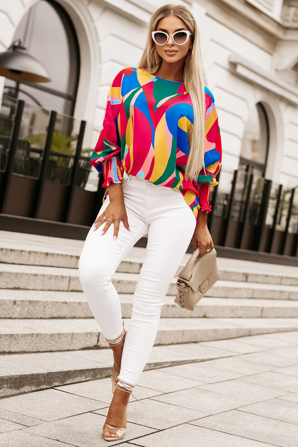 Multicolor Abstract Print Smocked Puff Sleeve Blouse