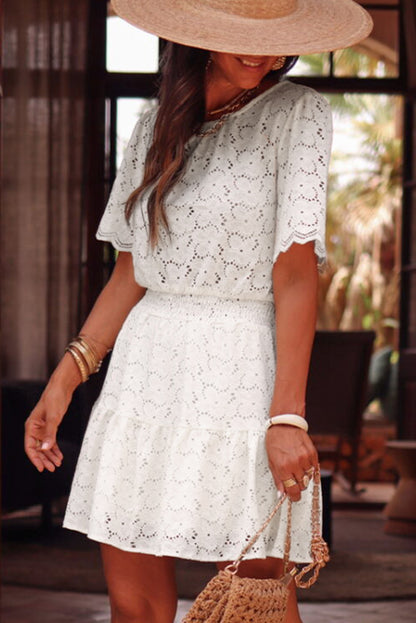 Beige Scalloped Floral Lace Crochet Short Sleeve Mini Dress