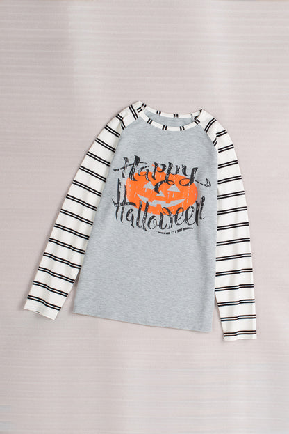 Letter Striped Pumpkin Print Halloween Long Sleeve Blouse