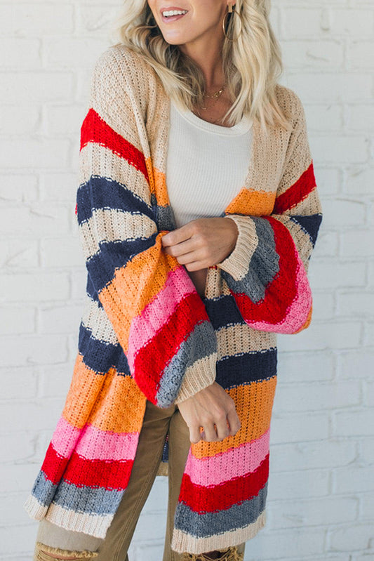 Stripes Knitted Balloon Sleeve Open Cardigan