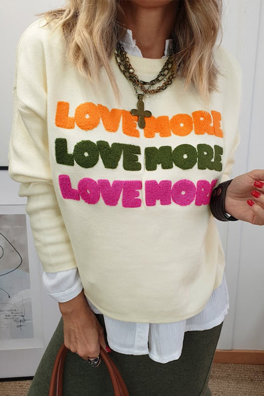 Sweat-shirt blanc à manches longues et graphique LOVE MORE en chenille