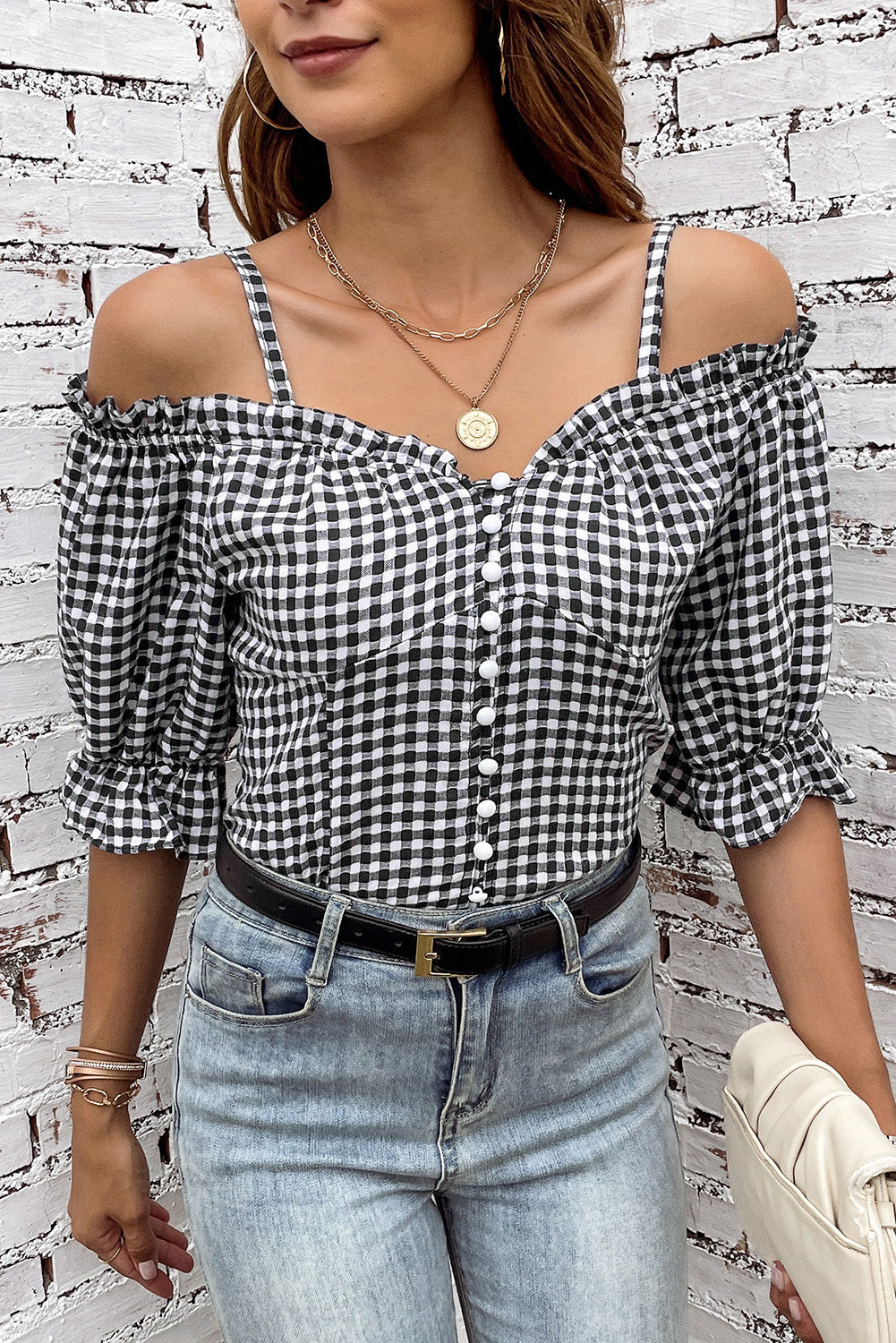 Black Sweetheart Gingham Button Down Cold Shoulder Blouse