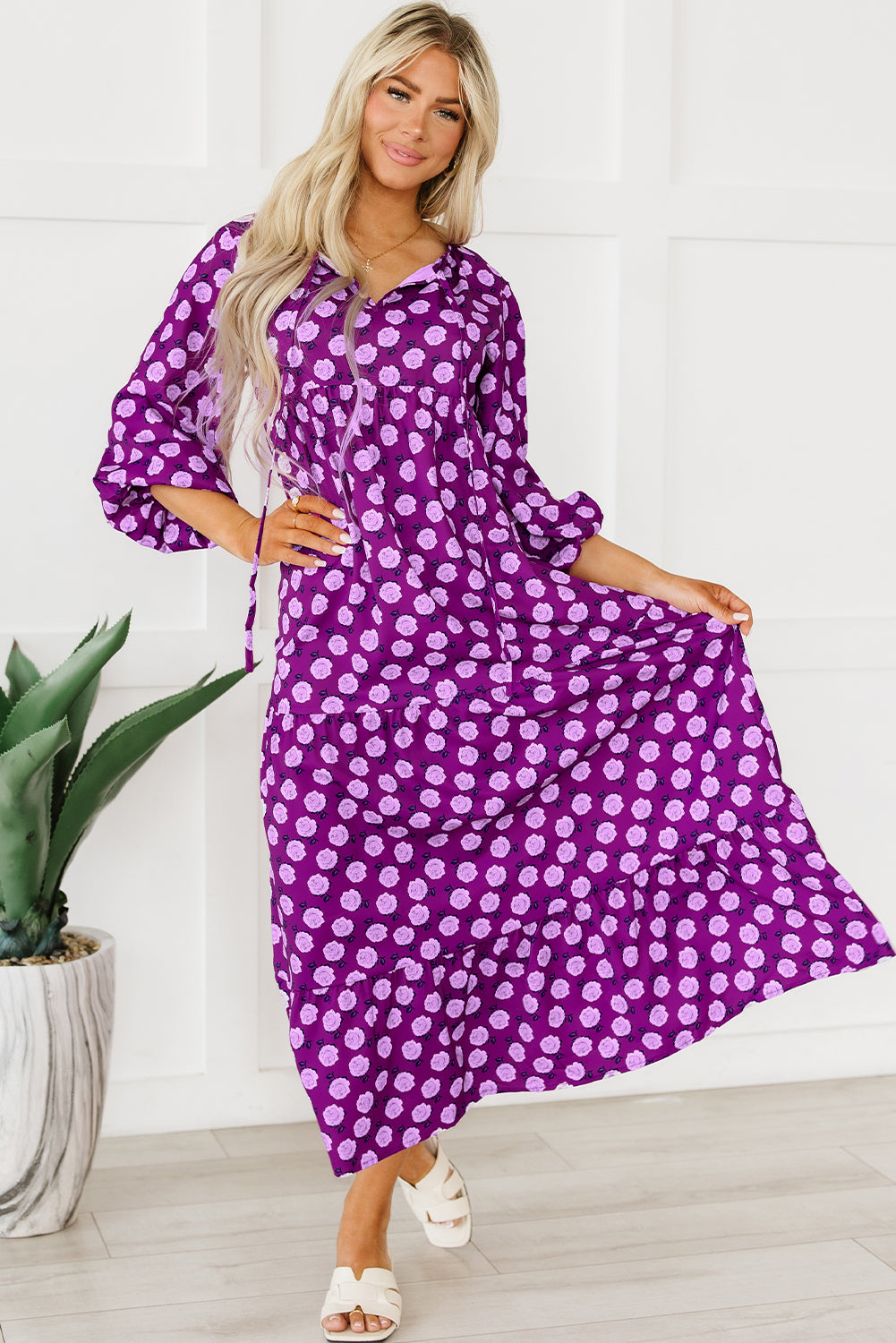 Vestido Maxi Roxo Boho Estampado Manga Puff