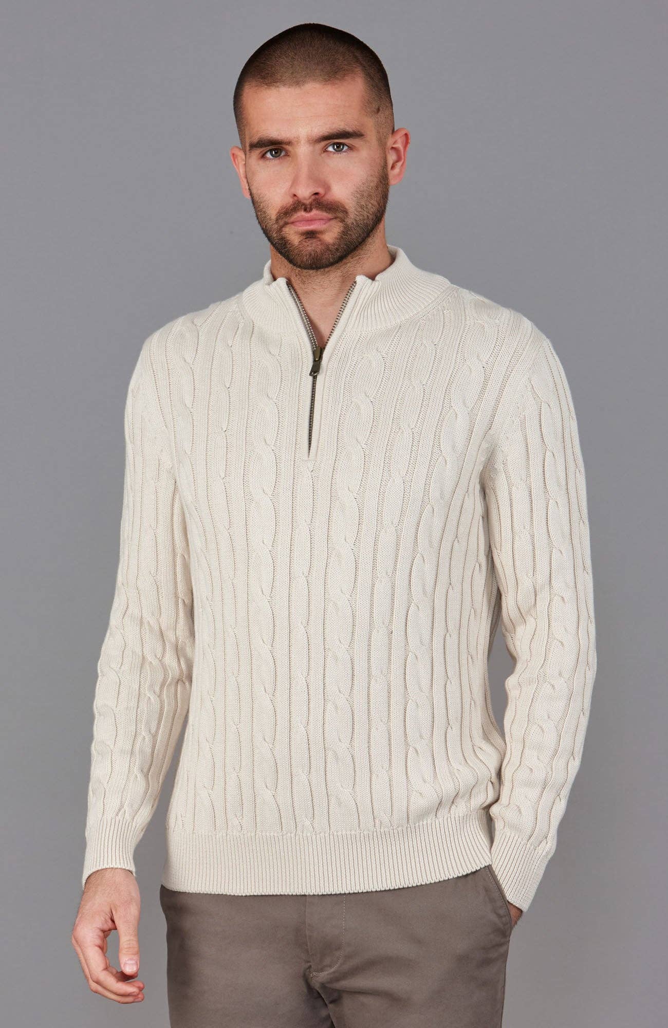 Mens Midweight Cotton Cable Zip Neck Jumper