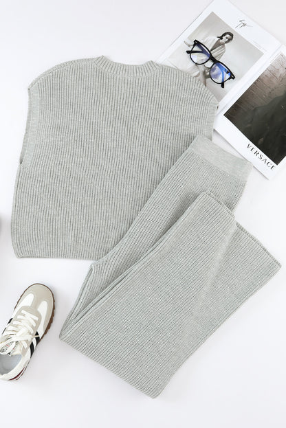 Conjunto de suéter cinza com decote em V e calça casual