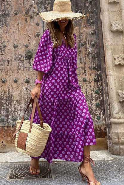 Vestido Maxi Roxo Boho Estampado Manga Puff