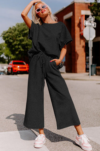 White Textured Loose Fit T Shirt and Drawstring Pants Set