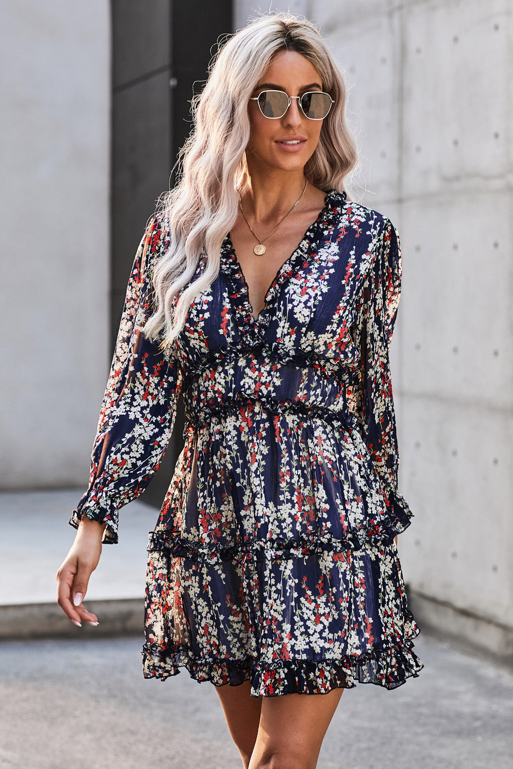 Fiery Red Ruffle Detailing Open Back Floral Dress