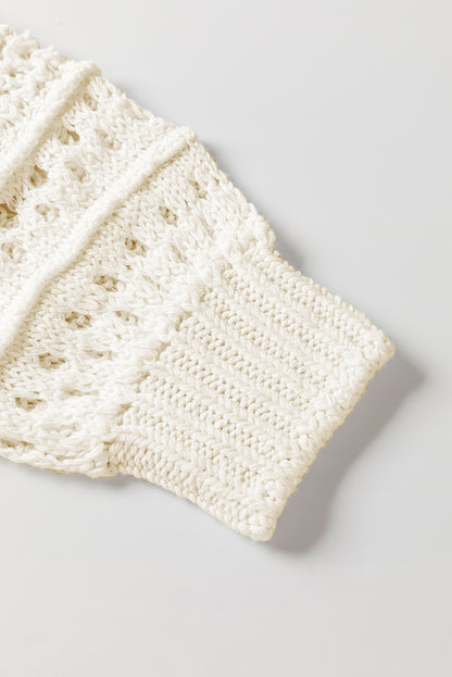 White Solid Color Pointelle Knit Puff Sleeve Sweater