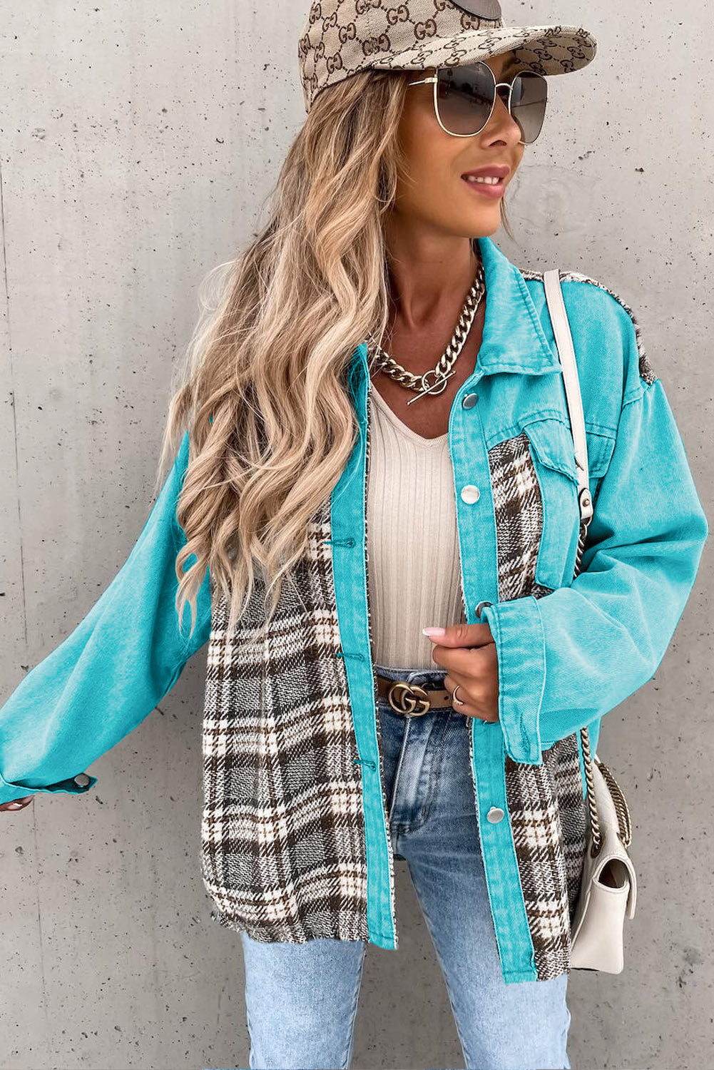 Brown Plaid Patchwork Pockets Denim Jacket