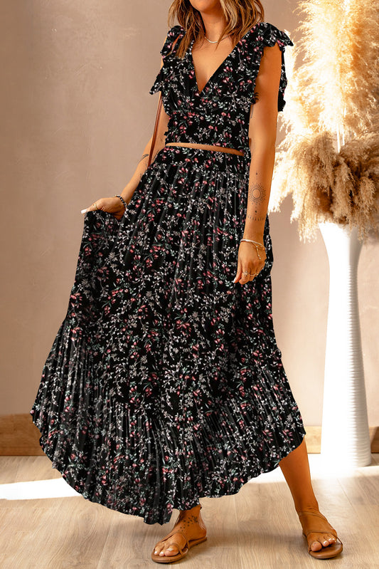 Conjunto de top preto multicolorido com babados florais e saia maxi