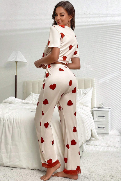 Ensemble pyjama blanc avec t-shirt et pantalon à imprimé cœur et ourlet en dentelle pour la Saint-Valentin