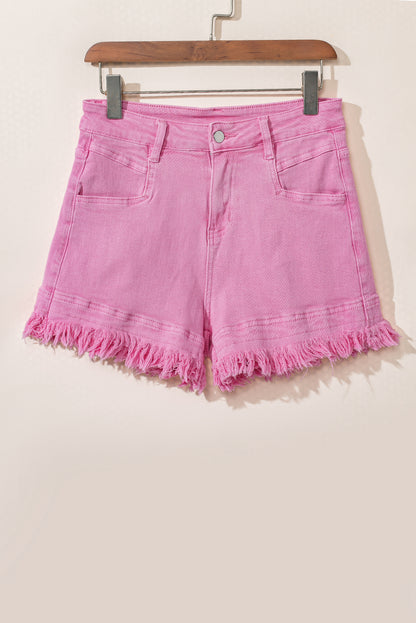 Shorts jeans de cintura média com borda desgastada rosa