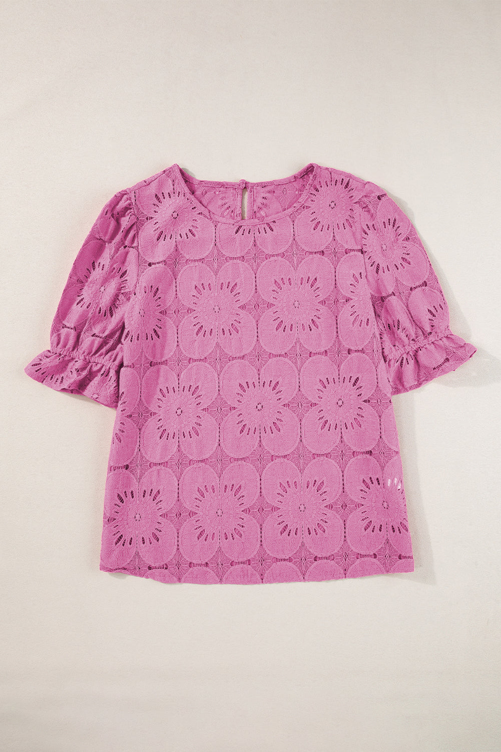 Top de manga com babado em jacquard com ilhó de flor rosa brilhante