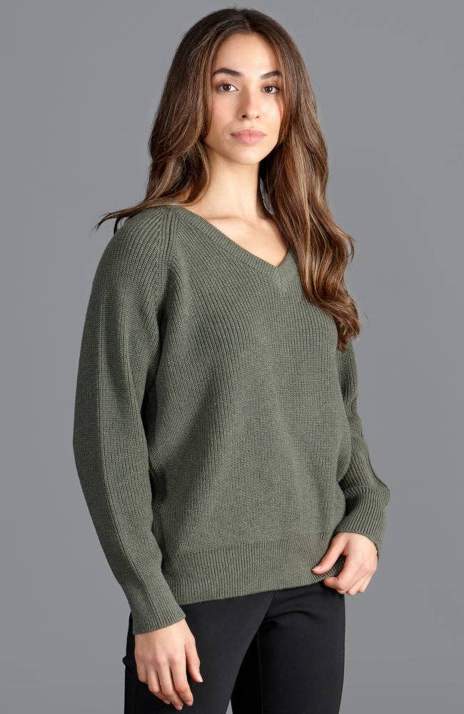 Womens Cotton Ribbed V Neck Jumper