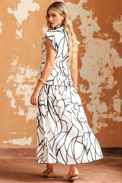 White Abstract Vein Print V Neck Ruffle Maxi Dress - Posh Discount