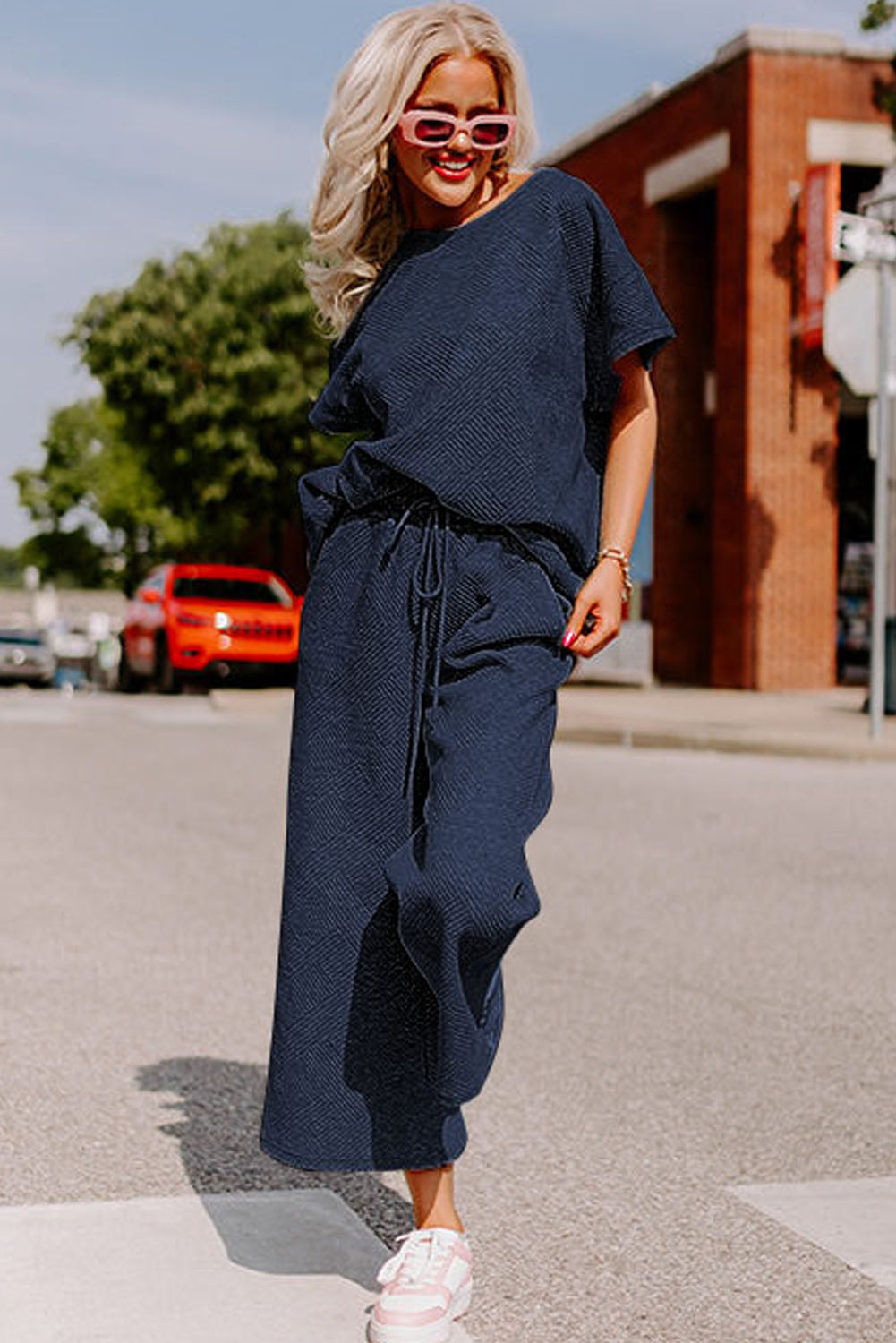 White Textured Loose Fit T Shirt and Drawstring Pants Set